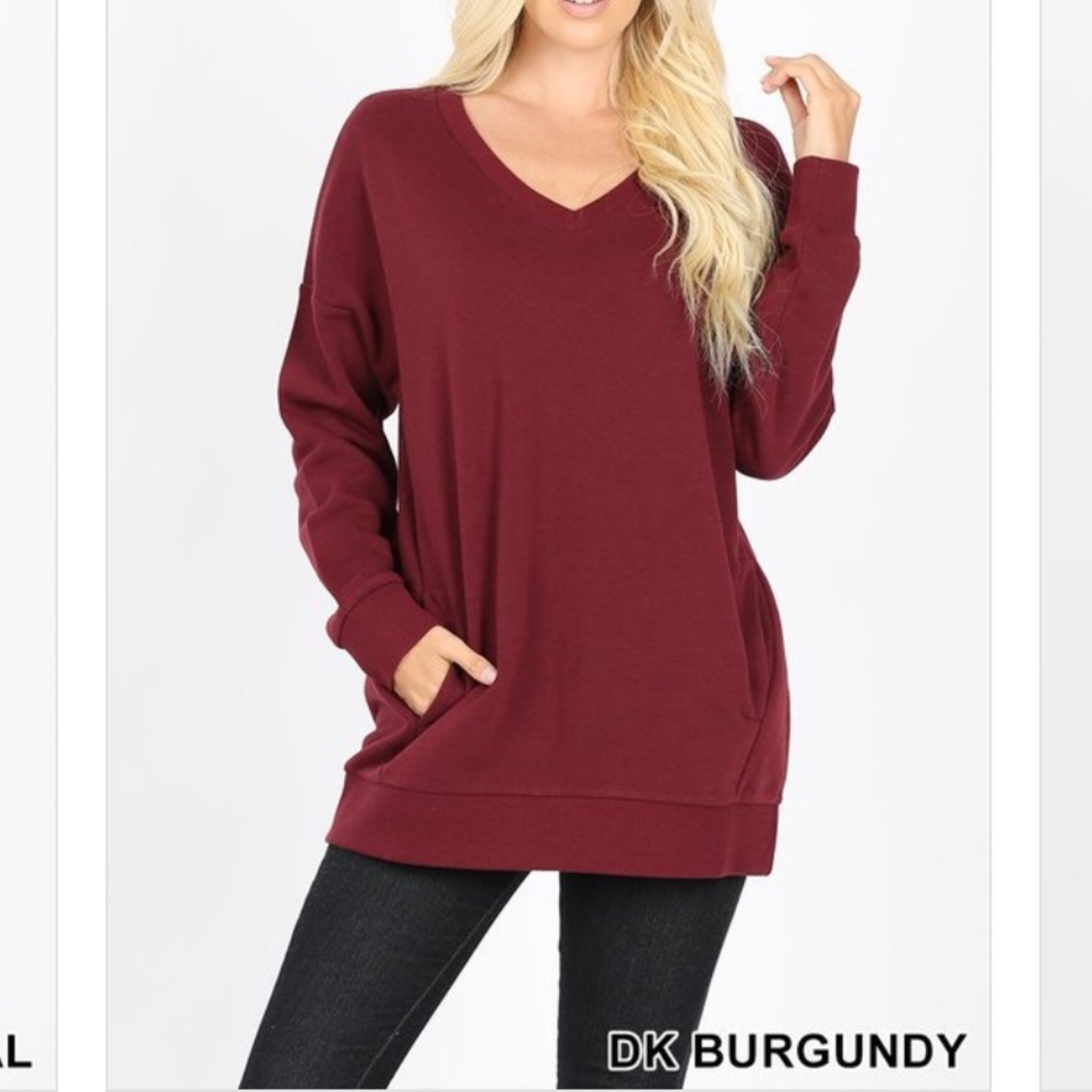 Burgundy pocket v neck sweatshirt